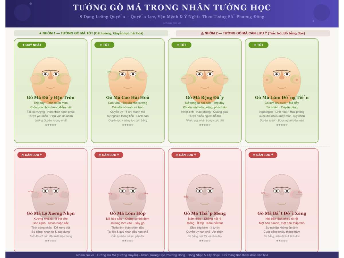 vùng nhân tướng phản chiếu quyền lực, uy tín xã hội, khả năng lãnh đạo và sức chịu đựng ở trung vận (35–55 tuổi). Bài viết phân tích toàn diện 7 dạng gò má phổ biến nhất, tiêu chuẩn nhận biết